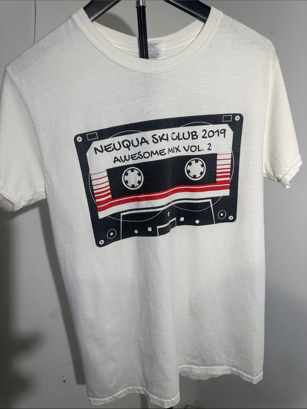 Gildan White Tee with Black and Red Cassette Graphic